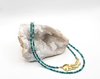 Handcrafted Aqua Double Strand Czech Glass Bead Necklace with Gold-Plate Stainless Steel Jellyfish Pendant – Ocean and Beach Jewelry