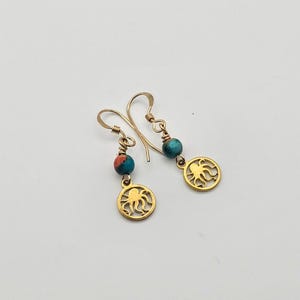 Gold Stainless Steel Octopus & Ocean Jade Earrings  Light weight earrings, dainty earrings, non tarnish jewelry