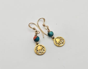 Gold Stainless Steel Octopus & Ocean Jade Earrings  Light weight earrings, dainty earrings, non tarnish jewelry