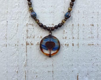 Bronzite & Blue Elegance: Necklace with Czech Glass Heart-Cut Pendant  Boho Hippie; Handmade; gemstone jewelry; heart themed jewelry