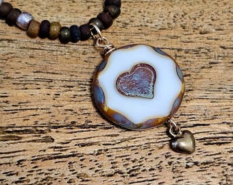 Handmade Milky White Czech Glass Heart Pendant Necklace - Earthy & Elegant, Boho Chic, Valentine Jewelry