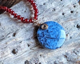 Handmade Carnelian & Dumortierite Pendant Necklace, Minimalist necklace, Timeless beaded necklace, gemstone jewelry