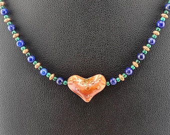 Handmade Lapis Lazuli & Malachite Necklace with Copper Heart