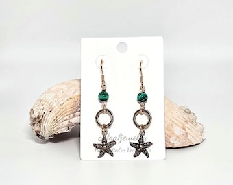 Bronze Starfish Earrings with Malachite, Boho Ocean Earrings, Beach Jewelry, Coastal Gift for Her