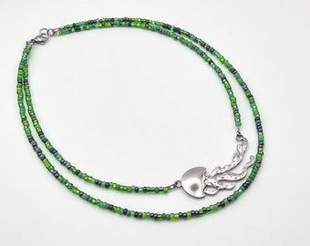 Handcrafted Vibrant Green Double Strand Czech Glass Bead Necklace with Stainless Steel Jellyfish Pendant – Ocean and Beach Jewelry