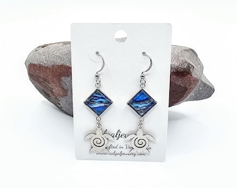 Ocean Turtle Earrings – Blue & Gold Acrylic Pour, Stainless Steel, Lightweight, Non-Tarnish