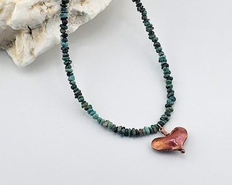 Turquoise Chip Necklace with Copper Heart Pendant