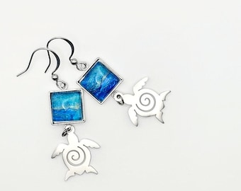 Ocean Turtle Earrings – Blue & Gold Acrylic Pour, Stainless Steel, Lightweight, Non-Tarnish