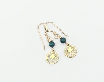 Gold Stainless Steel  Octopus Earrings with Malachite , Dainty Lightweight Jewelry, Ocean Jewelry Nature Jewelry
