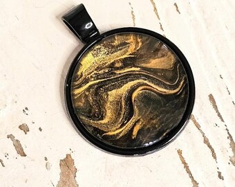 Handmade Black and Gold Acrylic Pour Pendant with 25mm Glass Cabochon – Unique Statement Necklace