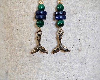 Bronze Whale's Tale Earrings; Minimalist; Ocean Jewelry; Whale Jewelry; Lapis; Malachite; Understated; lightweight, nature jewelry