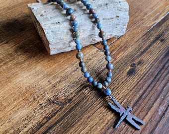 Handmade Sunset Dumortierite Necklace with Dragonfly Pendant & Copper Clasp