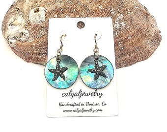 Abalone Shell Earrings with Bronze Starfish, Boho Beach Dangle, Coastal Handmade Jewelry
