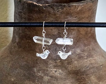Cute Birds under Crystal Branch; Quartz crystal, Czech glass, sterling silver, gift