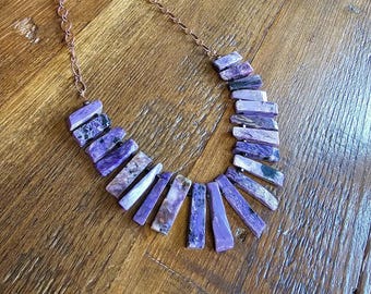 Handmade Graduated Charoite and Copper Statement Necklace    Boho necklace, adjustable necklace, Purple Gemstone Necklace,