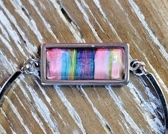 Adjustable Stainless-Steel Bangle with Vibrant Acrylic Pour Cabochon   wearable art, gift for her/him; contemporary jewelry