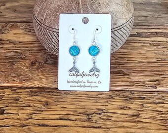 Handcrafted Aqua Mermaid Earrings, Stainless Steel Whale Tale, Beachy Jewelry, Lightweight Earrings, Handmade Jewelry
