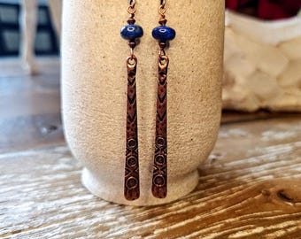 Elegant Long Copper and Lapis Earrings    geometric, gift, ethnic, boho hippie