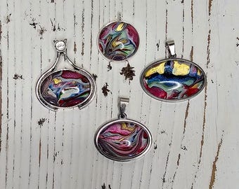 Fluid Expressions: Unique Patterns from One Pour   Handmade, wearable art, acrylic pour jewelry,  boho, art deco