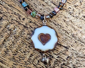 Handcrafted Milky White Czech Glass Heart Pendant Necklace with Bronze Charm & Picasso Beads  Boho Chic, Heart Jewelry, Valentines Gift
