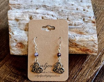 Vintage-Inspired Cacoxenite Amethyst & Bronze Heart Earrings  Handcrafted, gemstone earrings, lightweight earrings