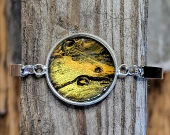 Handmade Acrylic Pour Bangle, Black Orange & Gold Stainless Steel Adjustable Bracelet, Unique Art Jewelry
