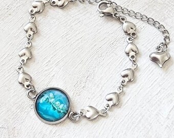 Handmade Aqua Blue Acrylic Pour Stainless Steel Bracelet with Heart Links, Handcrafted Jewelry, Summer Jewelry, Graduation Gift