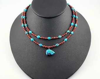 Turquoise Red Jasper Necklace Set, Southwest Bear Fetish, Layered Gemstone Necklace, Copper Boho Jewelry