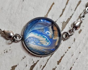 Handmade Adjustable Stainless Steel Bracelet  Acrylic Pour Jewelry, Unique Wearable Art Gift for Her