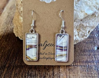Avant-Garde Fluid Art Rectangle Earrings – White, Gold, Magenta, & Blue in Stainless Steel,  handmade, lightweight earrings, wearable art