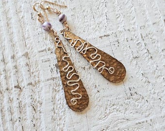 Funky Bronze & Silver Earrings; Dangle earrings; whimsical; boho-hippie; statement jewelry; unique
