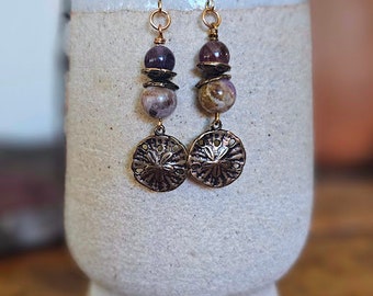 Bronze Sea Dollar Earrings  Amethyst Jewelry, Ocean Jewelry; Boho-hippie; sophisticated; unique; gift for any occasion