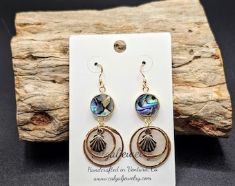 Gold-Framed Abalone & Capiz Shell Earrings with Bronze Clam Charms   Ocean jewelry; Nautical jewelry; Contemporary jewelry