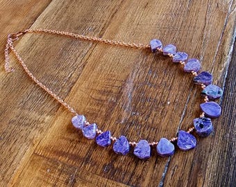 Handcrafted Deep Purple Charoite Teardrop Necklace with Solid Copper Accents   Boho Necklace, Contemporary, Gemstone Jewelry