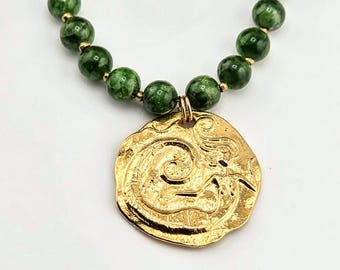 Chrome Diopside Necklace | Gold Plated Bronze Mermaid Pendant | Green Gemstone | Handmade
