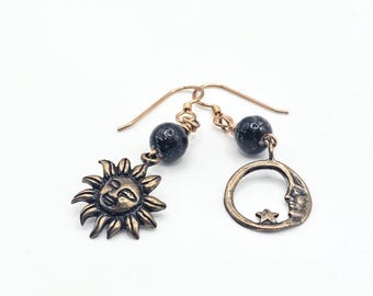 Handcrafted Bronze Sun and Moon Earrings with Seraphinite – Mismatched Celestial Jewelry, Boho-Hippie,