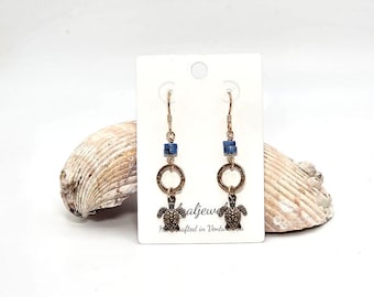 Bronze Sea Turtle Earrings with Denim Lapis, Boho Ocean Earrings, Turtle Jewelry, Beach Lover Gift