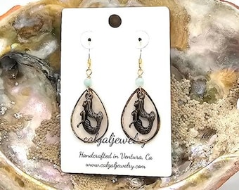 Bronze Mermaid Earrings with Teardrop Capriz Shell and Green Angelite