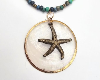 Handcrafted  Capriz Shell Bronze Starfish Pendant and  – Czech Glass Beads, Beach Theme Jewelry, Boho-Hippie, Adjustable Necklace
