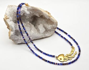 Handcrafted Vibrant Blue Double Strand Czech Glass Bead Necklace with Gold-Plate Stainless Steel Jellyfish Pendant – Ocean and Beach Jewelry