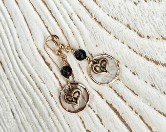 Layered Capiz Shell & Bronze Heart Earrings with Seraphinite Accents   Boho-Chic, Shell jewelry, gemstone earrings, heart jewelry,