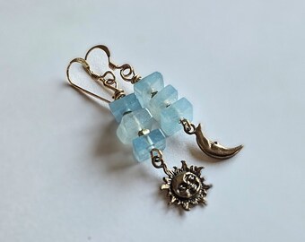 Sun-Moon-Sky Earrings  Aquamarine; Celestial Jewelry; March Birthstone; Gift for her; boho-hippie