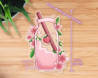 Sakura Strawberry Milk / Aeshthetic Clear Vinyl Sticker 3.5 inch