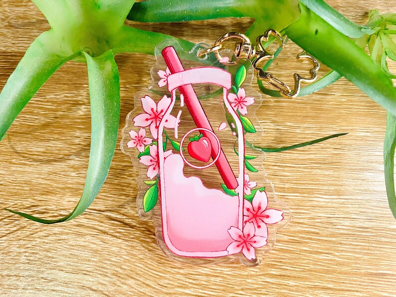 Sakura Strawberry Milk Keychain | anime acrylic keychain 3 inch image 2