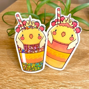Erdbeer Bananen Smoothie - Nymphensittich Kunst | Vinyl Holografisch Glitter Aufkleber | Vogel Drink Sticker