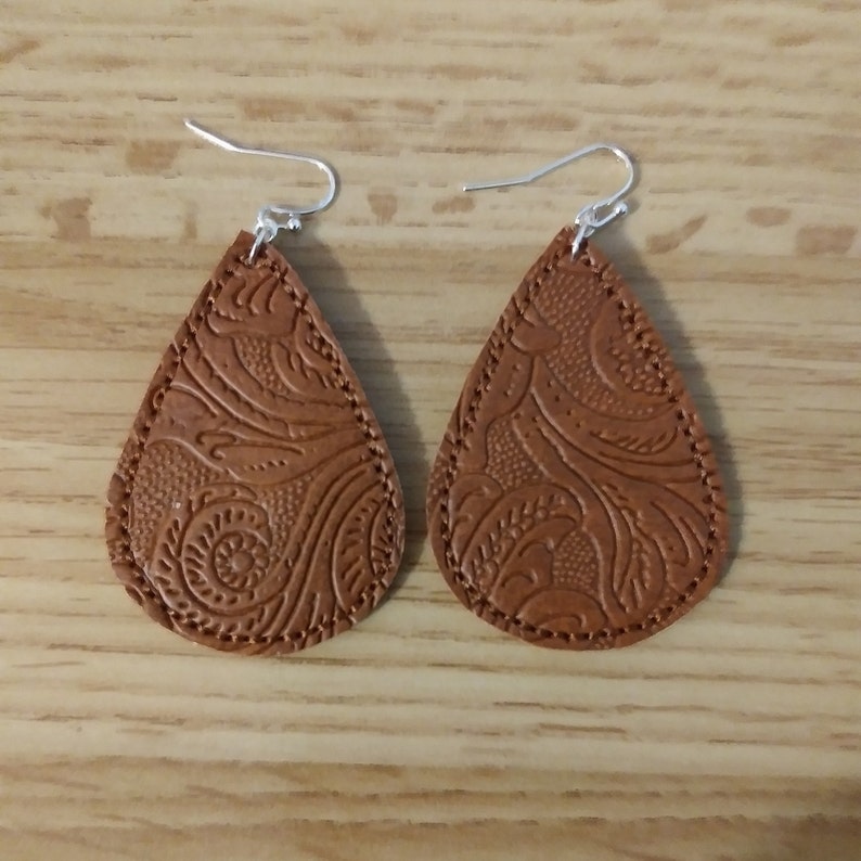 Embroidered Faux Tooled Leather Teardrop Earrings Pierced - Etsy