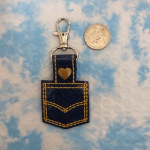 Embroidered Denim Jean Pocket Quarter Keeper Key Chain Fob, Quarter Keeper Keychain
