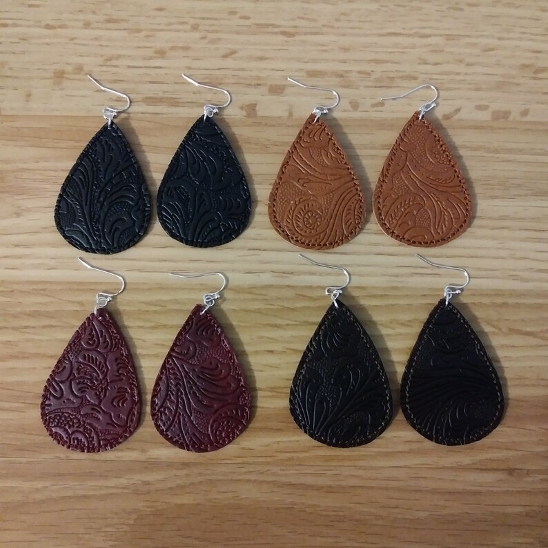 Embroidered Faux Tooled Leather Teardrop Earrings Pierced Etsy