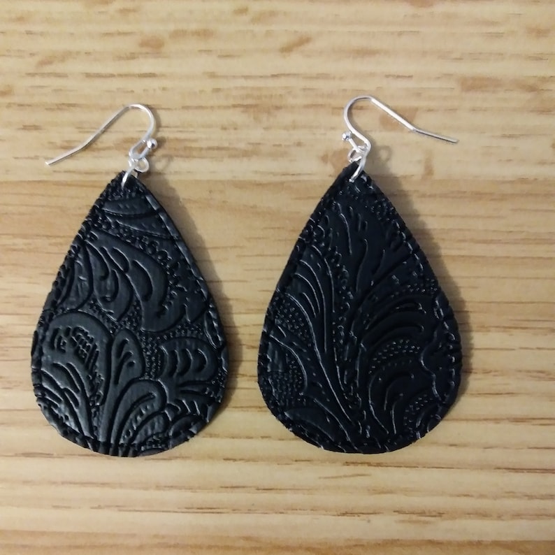Embroidered Faux Tooled Leather Teardrop Earrings Pierced Etsy