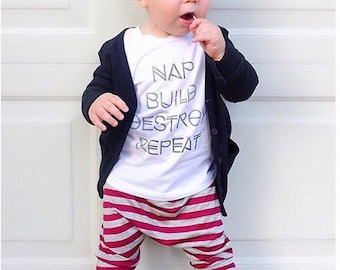 Nap, Build, Destroy, Repeat: Long Sleeved Boys Tshirt | Boy Tee Shirt, Toddler Tshirts, Childrens clothes, Cotton Shirts,